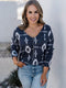 V-neck Geometric Print Loose Fit Women's Long Sleeve T-shirt with Large Size