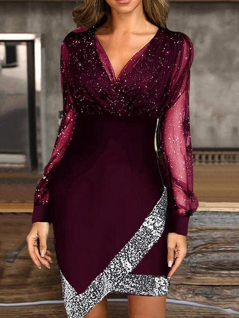 V Neck Irregular Mesh Panel Mini Dress