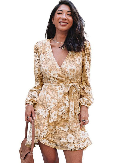 V-neck Lace Patchwork Waist Strap Short Dress for Women