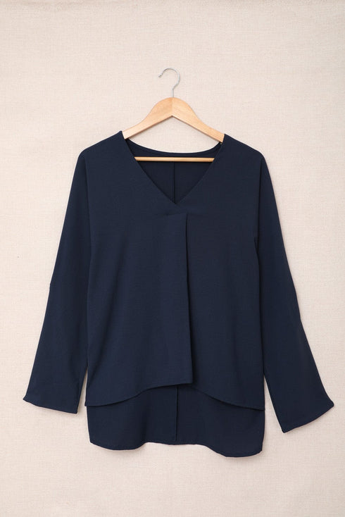 V-neck Long-sleeved Chiffon Solid Blouse - Drop Shoulder - Closed - Shirt