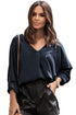 V-neck Long-sleeved Chiffon Solid Blouse - Drop Shoulder - Closed - Shirt