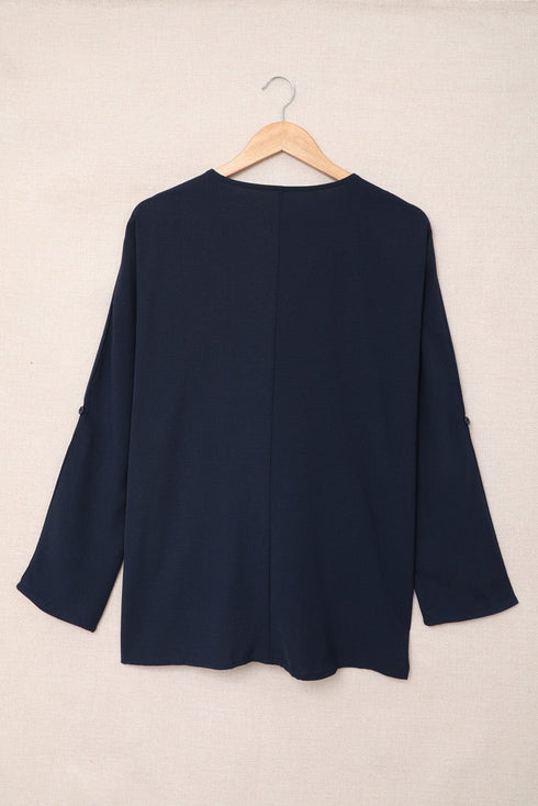V-neck Long-sleeved Chiffon Solid Blouse - Drop Shoulder - Closed - Shirt