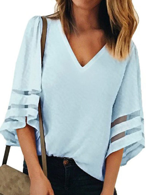 V-Neck Mesh Flare Sleeve Chiffon Loose Blouse