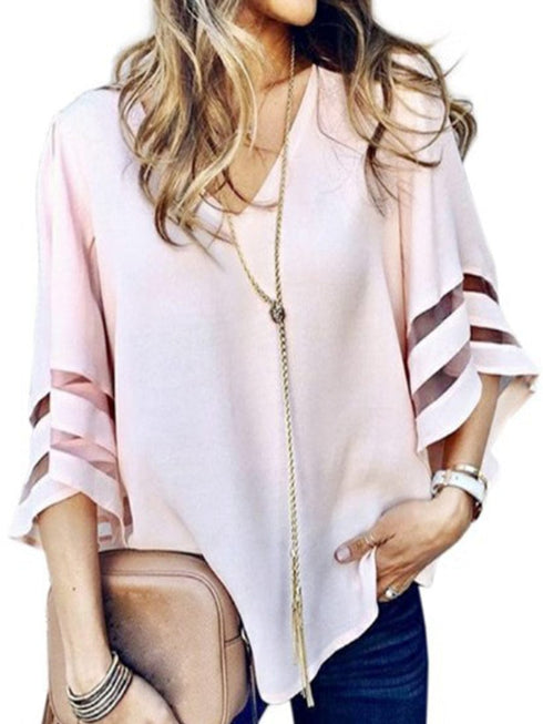 V-Neck Mesh Flare Sleeve Chiffon Loose Blouse