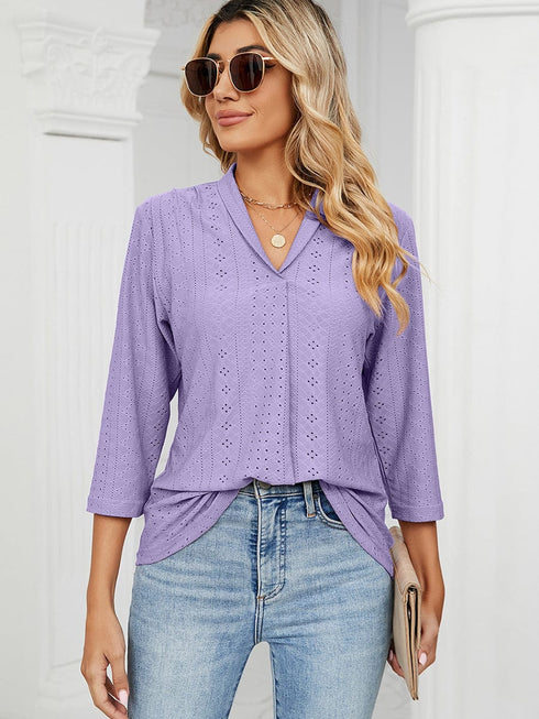 V-Neck Pleated Casual Loose Medium Sleeve T-Shirt
