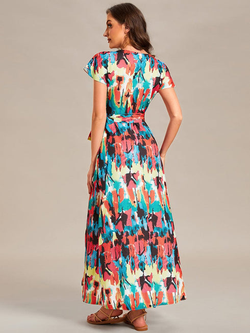 V-Neck Printed Cocktail Dress with Side Split
