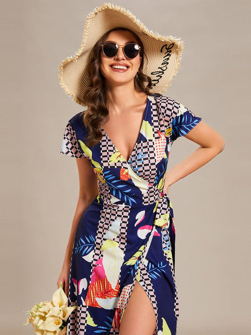 V-Neck Printed Cocktail Dress with Side Split