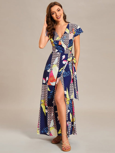 V-Neck Printed Cocktail Dress with Side Split