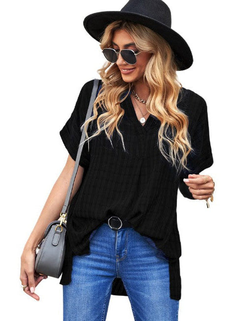 V-neck Pullover Women's Loose Cotton Top with Contrasting Elements