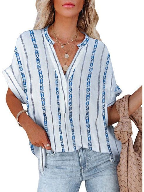 V-neck Pullover Women's Loose Cotton Top with Contrasting Elements