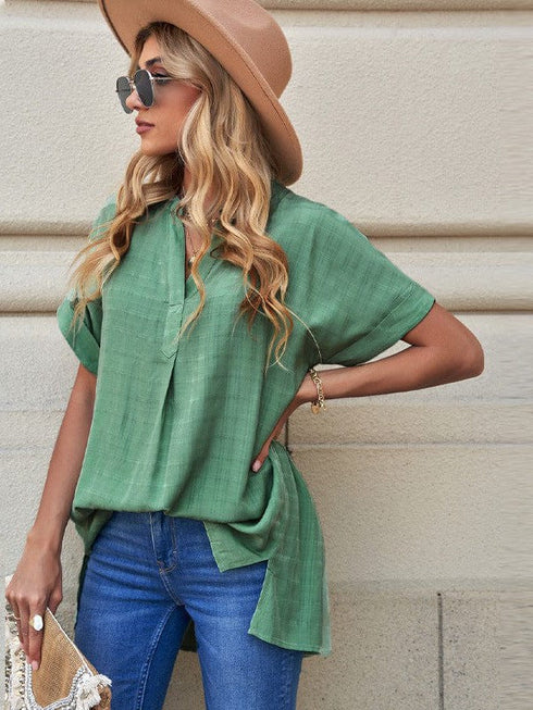 V-neck Pullover Women's Loose Cotton Top with Contrasting Elements