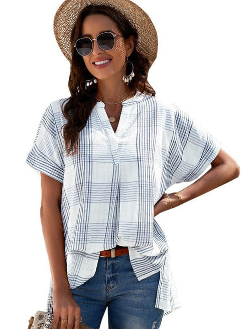 V-neck Pullover Women's Loose Cotton Top with Contrasting Elements