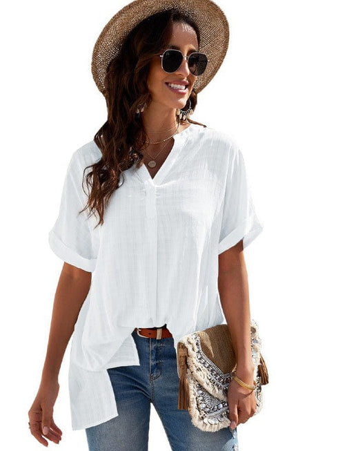 V-neck Pullover Women's Loose Cotton Top with Contrasting Elements