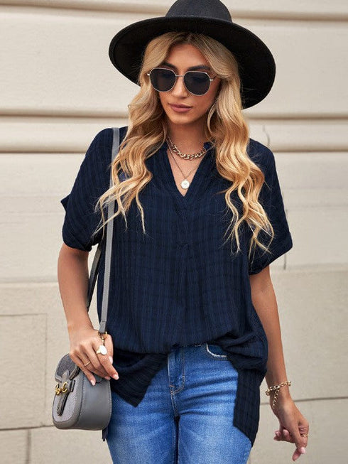 V-neck Pullover Women's Loose Cotton Top with Contrasting Elements