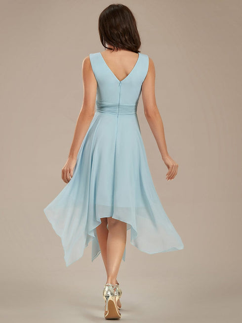 V Neck Ruched Asymmetrical Hems Midi Chiffon Bridesmaid Dress