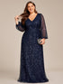 V-Neck Sequin A-Line Evening Gown with Lantern Sleeves for Curvy Ladies