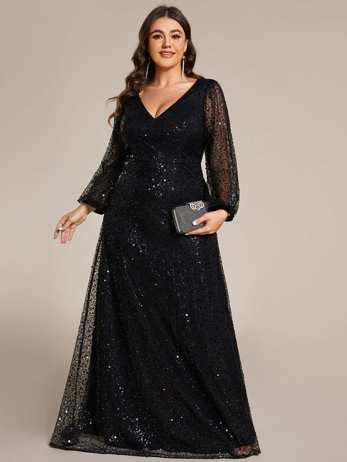 V-Neck Sequin A-Line Evening Gown with Lantern Sleeves for Curvy Ladies