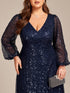 V-Neck Sequin A-Line Evening Gown with Lantern Sleeves for Curvy Ladies