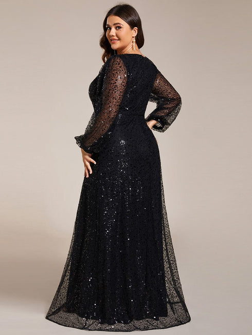 V-Neck Sequin A-Line Evening Gown with Lantern Sleeves for Curvy Ladies