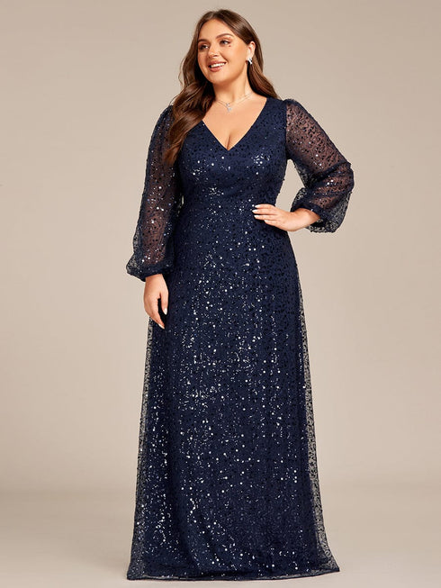 V-Neck Sequin A-Line Evening Gown with Lantern Sleeves for Curvy Ladies