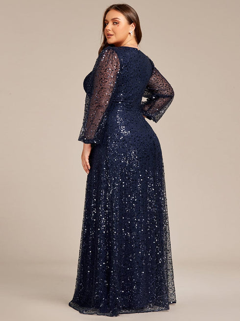 V-Neck Sequin A-Line Evening Gown with Lantern Sleeves for Curvy Ladies