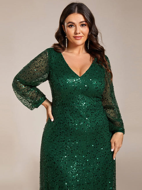 V-Neck Sequin A-Line Evening Gown with Lantern Sleeves for Curvy Ladies