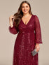 V-Neck Sequin A-Line Evening Gown with Lantern Sleeves for Curvy Ladies