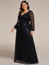 V-Neck Sequin A-Line Evening Gown with Lantern Sleeves for Curvy Ladies