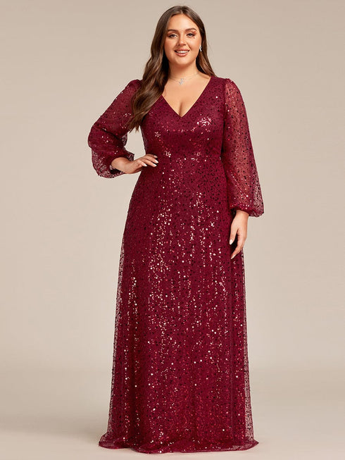 V-Neck Sequin A-Line Evening Gown with Lantern Sleeves for Curvy Ladies