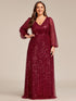 V-Neck Sequin A-Line Evening Gown with Lantern Sleeves for Curvy Ladies