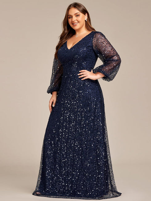 V-Neck Sequin A-Line Evening Gown with Lantern Sleeves for Curvy Ladies