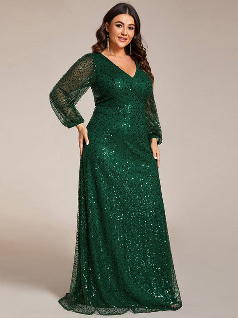 V-Neck Sequin A-Line Evening Gown with Lantern Sleeves for Curvy Ladies