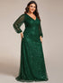 V-Neck Sequin A-Line Evening Gown with Lantern Sleeves for Curvy Ladies