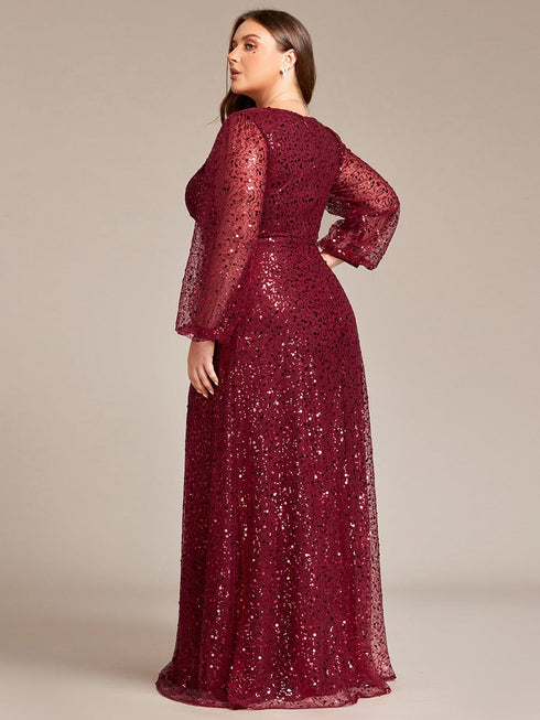 V-Neck Sequin A-Line Evening Gown with Lantern Sleeves for Curvy Ladies