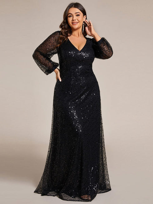 V-Neck Sequin A-Line Evening Gown with Lantern Sleeves for Curvy Ladies