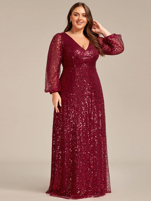 V-Neck Sequin A-Line Evening Gown with Lantern Sleeves for Curvy Ladies