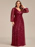 V-Neck Sequin A-Line Evening Gown with Lantern Sleeves for Curvy Ladies