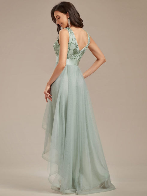 V-Neck Sequin Embellished Tulle High-Low Formal Dress