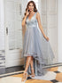 V-Neck Sequin Embellished Tulle High-Low Formal Dress