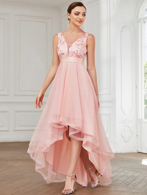V-Neck Sequin Embellished Tulle High-Low Formal Dress