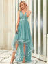 V-Neck Sequin Embellished Tulle High-Low Formal Dress