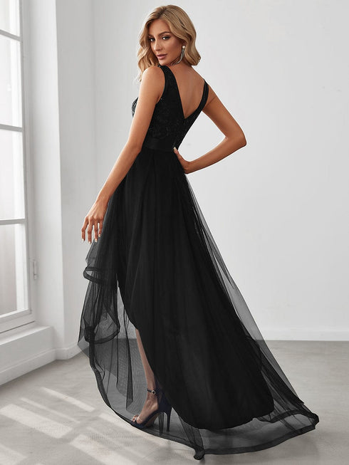 V-Neck Sequin Embellished Tulle High-Low Formal Dress