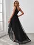 V-Neck Sequin Embellished Tulle High-Low Formal Dress