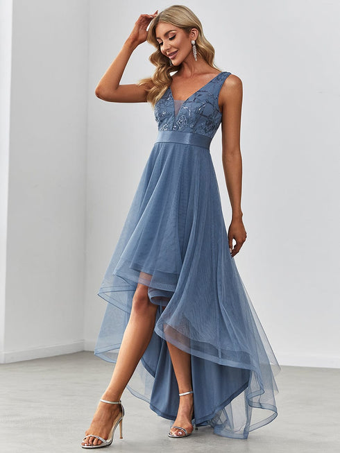 V-Neck Sequin Embellished Tulle High-Low Formal Dress
