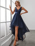 V-Neck Sequin Embellished Tulle High-Low Formal Dress