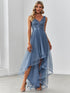 V-Neck Sequin Embellished Tulle High-Low Formal Dress