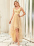 V-Neck Sequin Embellished Tulle High-Low Formal Dress