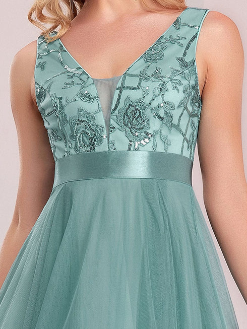 V-Neck Sequin Embellished Tulle High-Low Formal Dress