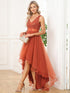 V-Neck Sequin Embellished Tulle High-Low Formal Dress