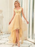 V-Neck Sequin Embellished Tulle High-Low Formal Dress
